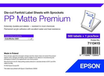 PP Matte Label Premium, Die-cut Fanfold Sheets with Sprockets, 203mm x 305mm, 500 Labels 