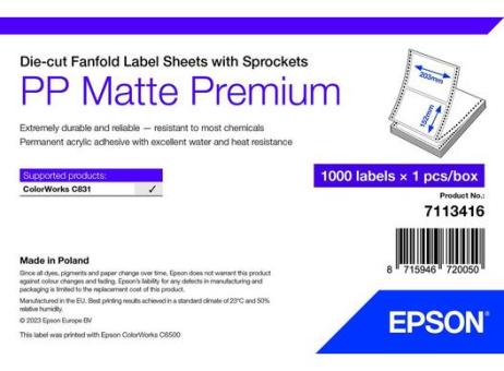 PP Matte Label Premium, Die-cut Fanfold Sheets with Sprockets, 203mm x 152mm, 1000 Labels 